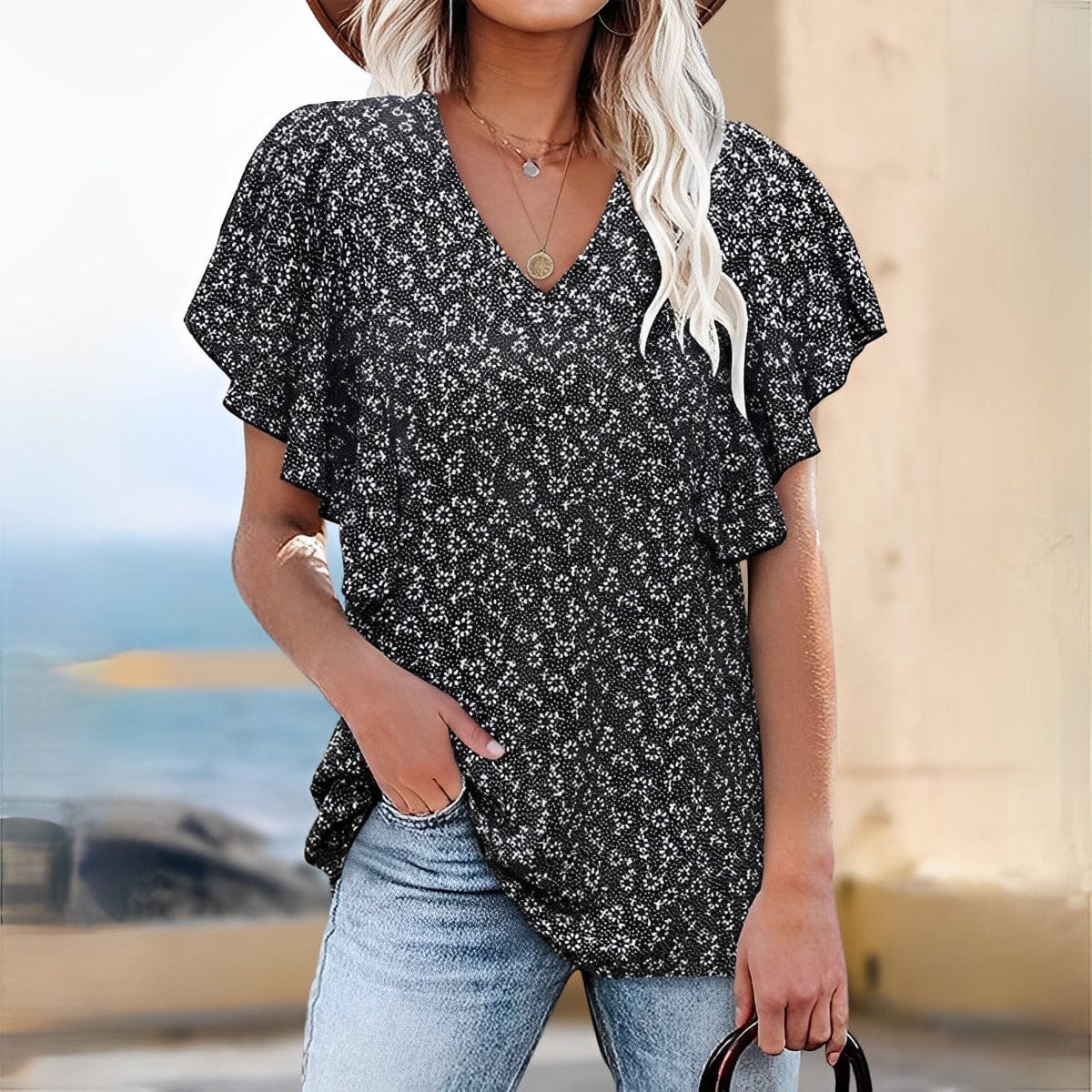 Elle&Vire® - Bluse mit V-Ausschnitt und Blumendruck