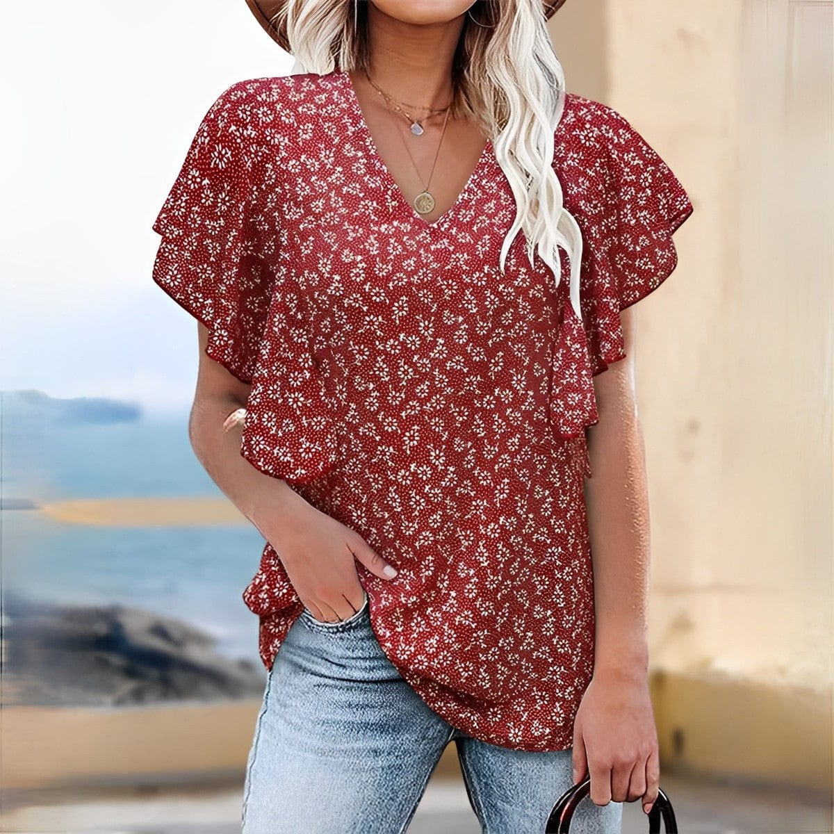 Elle&Vire® - Bluse mit V-Ausschnitt und Blumendruck