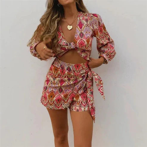 Ayesha - Crop Bluse und Wickelrock Shorts Set